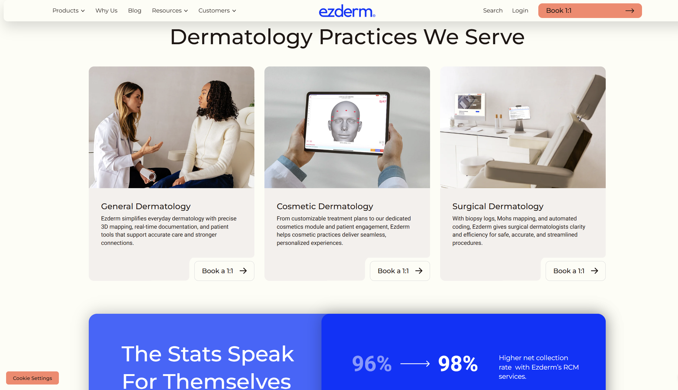 A screenshot of Ezderm's homepage