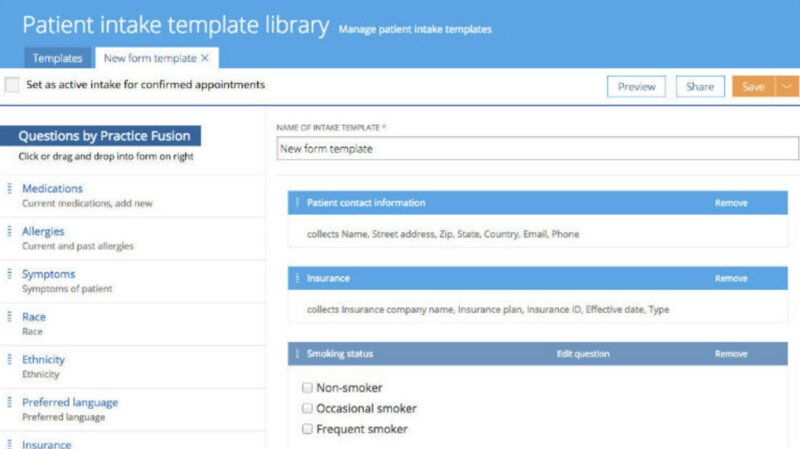 A screenshot of Practice Fusion's patient intake template library featuring questions for medications, allergies, symptoms, race, ethnicity, preferred language, insurance and more