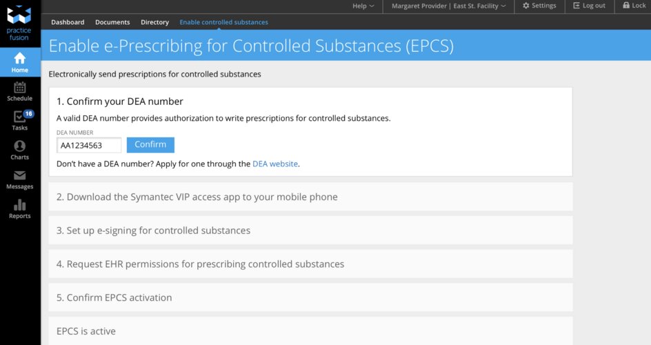 A screenshot of Practice Fusion's settings page for enabling e-Prescribing for Controlled Substances (EPCS)