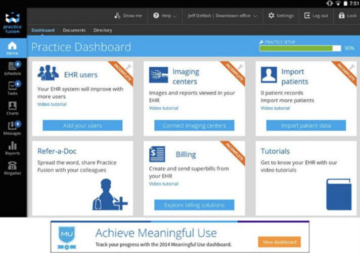 A screenshot of the Practice Fusion dashboard/homepage featuring tabs for EHR users, imaging centers, patient import, refer-a-doc, billing and tutorials