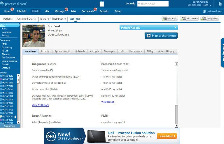A screenshot of Practice Fusion EHR's patient chart