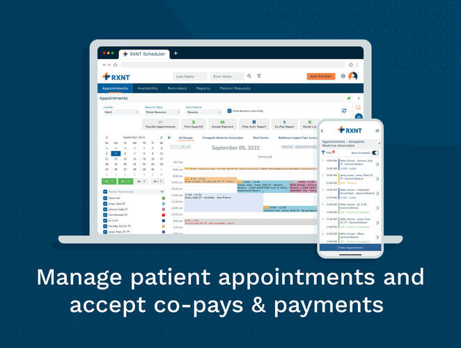 The appointments tab of RXNT EHR featuring a breakdown of a calendar day. There is also a mobile view of the same interface