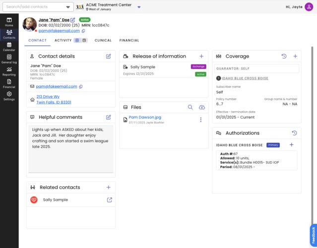 BestNotes' CRM view BestNotes' contact section featuring tabs for contact info, activity, clinical and financial