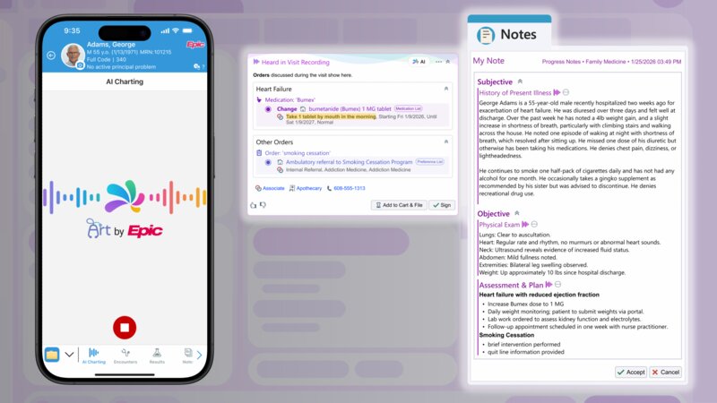 A mobile view of the Art by Epic AI charting recording screen, along with a visit recording summary and a view of the progress note for that particular encounter