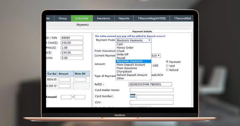 The payment processing screen for TheraSoft practice management software, with a dropdown menu highlighting "Electronic Payments" under the Payment Mode options