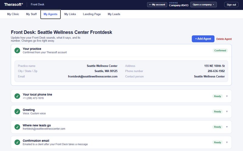 a dashboard interface for Therasoft Online displaying a front desk setup for "Seattle Wellness Center" with options for managing practice details, local phone lines, greetings, lead routing, and confirmation emails.